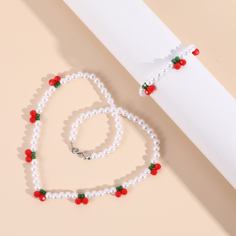 Kids Red Cherry Acrylic Bracelet Necklace Set JEWELRY
